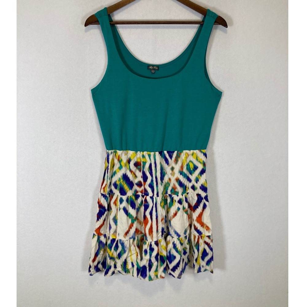 Boho Lily Rose Women L Teal Multi Tiered Ikat Mixed Media Mini Dress 14667U68G6